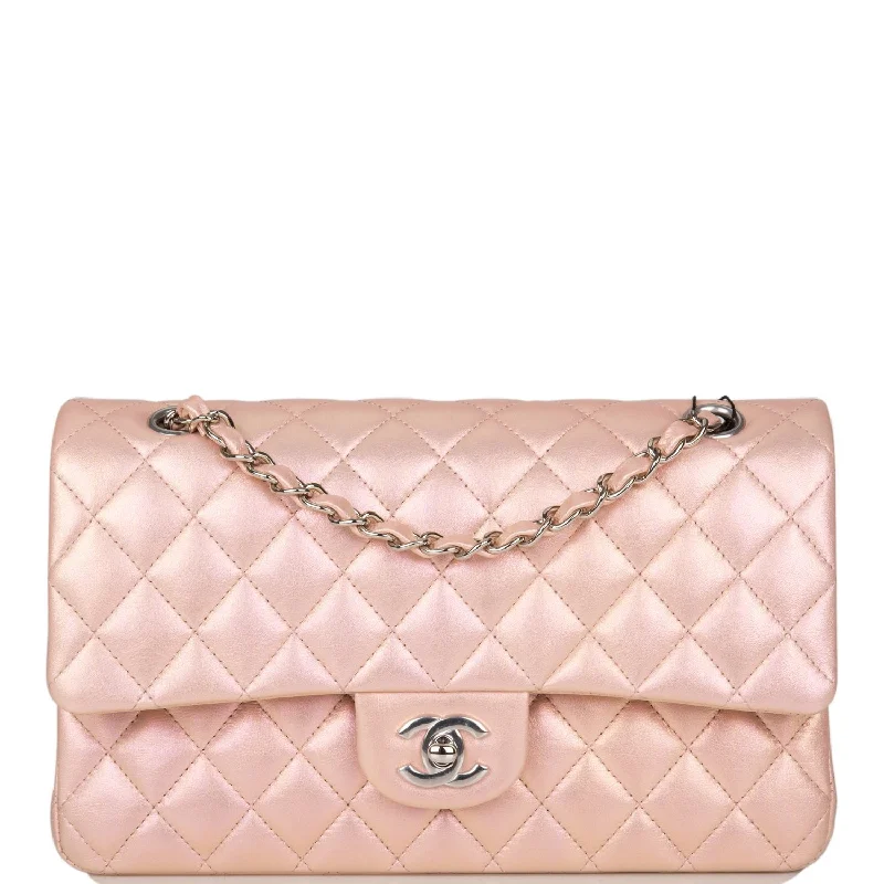 Chanel  Medium Classic Double Flap Bag Pink Iridescent Lambskin Silver Hardware