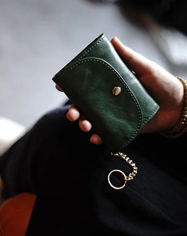 Cute Women Green Leather Mini Wallet with Keychain Billfold Minimalist Coin Wallet Small Zip Change Wallet For Women