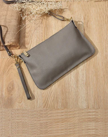 Gray Leather Wristlet Wallet Womens Small Minimalist Shoulder Purse Zip Crossbody Purse Slim Shoulder Bag for Women