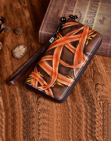 Handmade Bracketplant Brown Leather Wristlet Wallet Womens Zip Around Wallets Flowers Ladies Zipper Clutch Wallet for Women