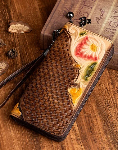 Handmade Flowers Coffee Leather Wristlet Wallet Womens Floral Zip Around Wallets Flowers Ladies Zipper Clutch Wallet for Women