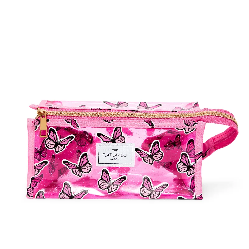 Jelly Flat Lay Makeup Box Bag - Pink Glitter Butterflies