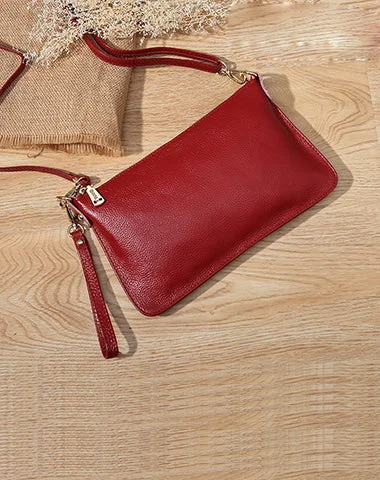 Red Leather Wristlet Wallet Womens Small Minimalist Shoulder Purse Zip Crossbody Purse Slim Shoulder Bag for Women