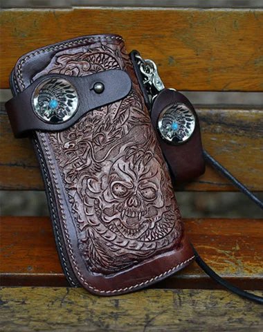 Cool Brown Leather Tooled Biker Wallet Handmade Dragon&Skull Biker Chain Wallet for Men