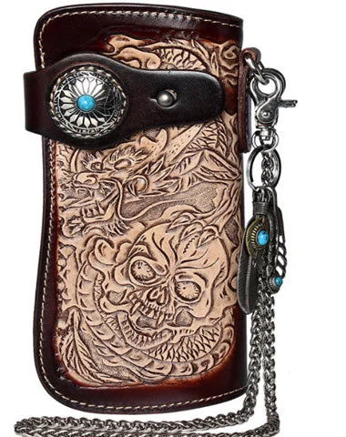 Cool Coffee Leather Tooled Dragon&Skull Biker Wallet Handmade Biker Chain Wallet for Men