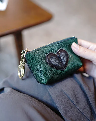 Cute Women Green Leather Zip Coin Wallet with Keychains Heart Keys Wallet Small Zip Change Wallet For Women