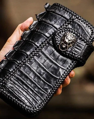 Handmade Leather Black Mens Chain Biker Wallet Cool Leather Wallet Long Clutch Wallets for Men