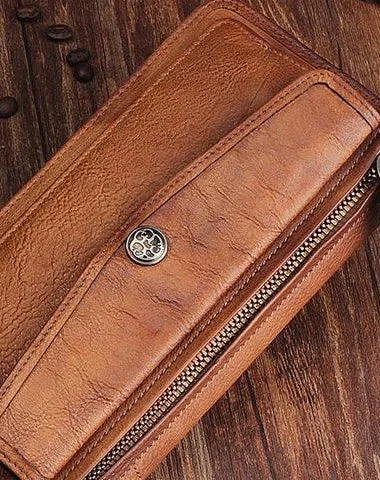 Handmade Leather Mens Cool Long Leather Wallet Bifold Clutch Wallet for Men