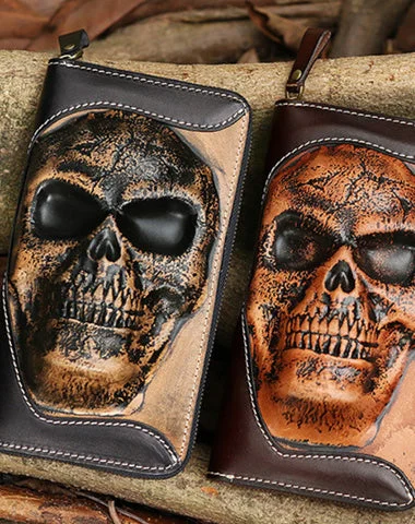 Handmade Leather Tooled Relief Skull Long Wallet Cool Skull Zipper Clutch Wristlet Wallet for Men