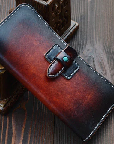 Handmade vintage dark brown leather long wallet purse clutch for men