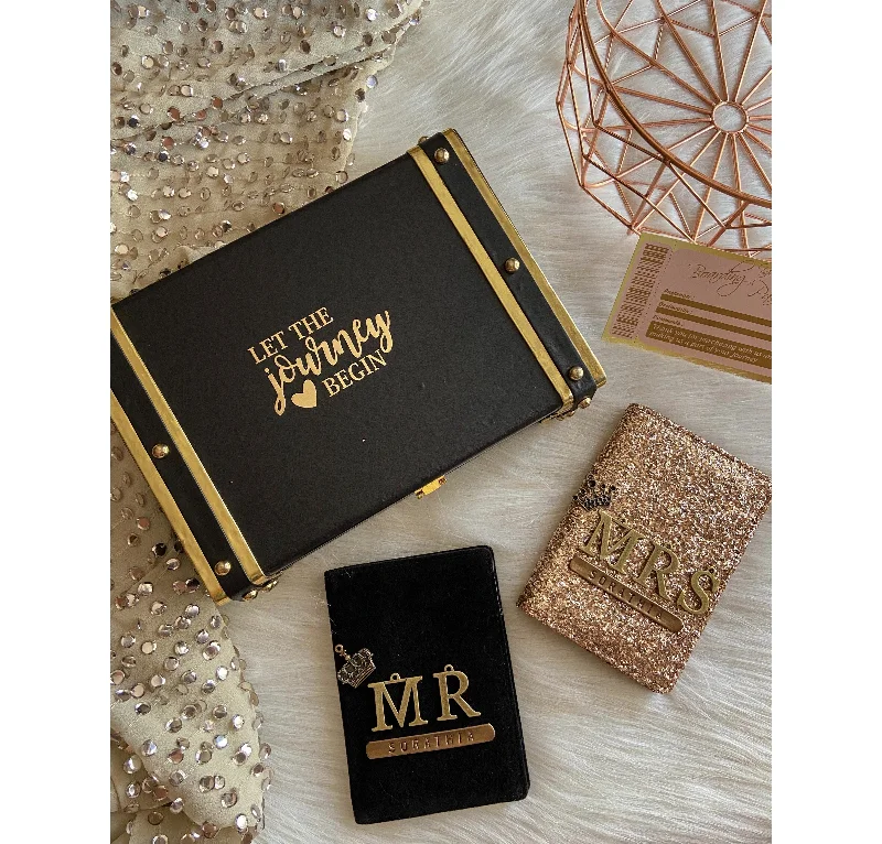 Personalised Bronze Glitter & Black Velvet Dual Couple Passport Cover